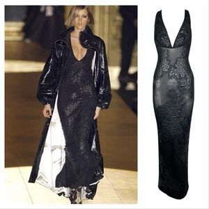 Roberto Cavalli FW 2002 black floral leather dress